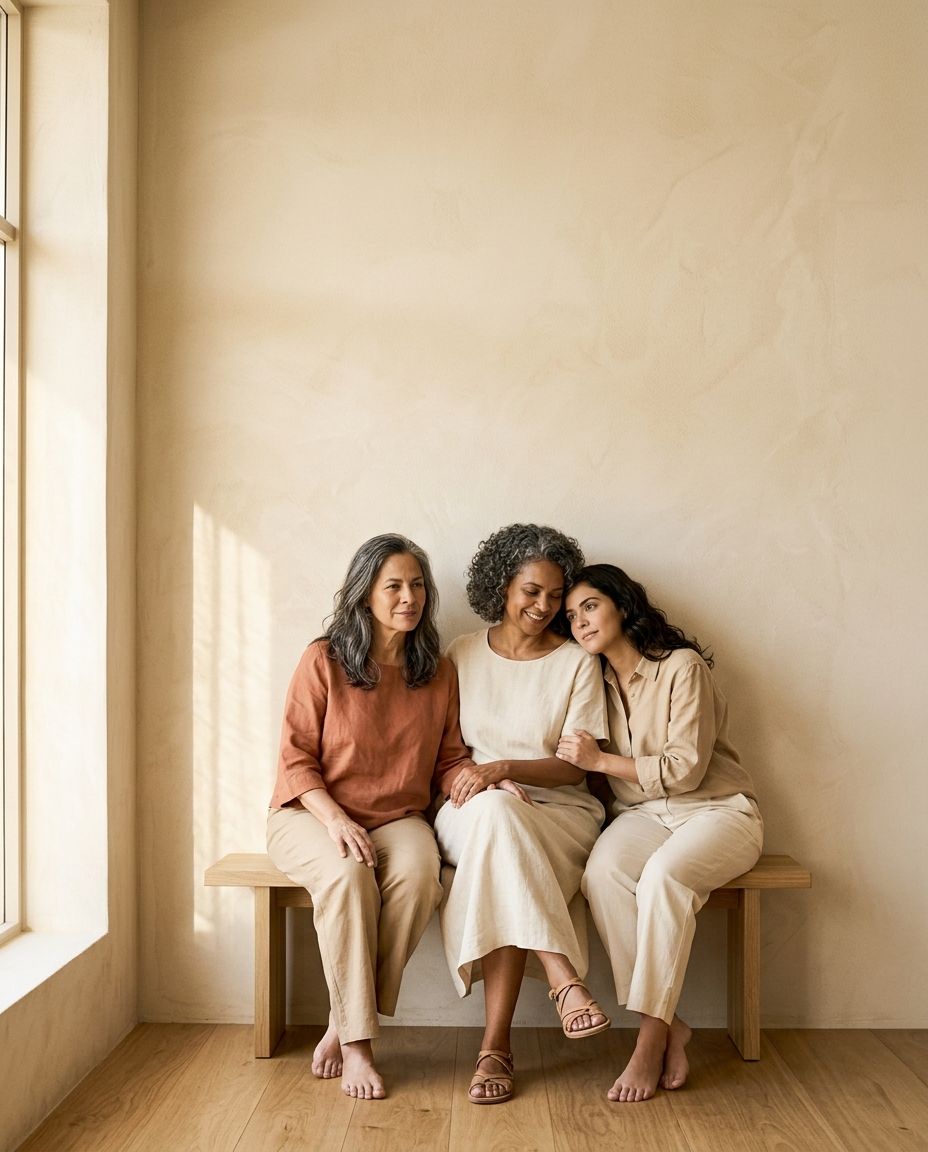 Três mulheres de idades diferentes sentadas juntas em um banco de madeira, junto à janela