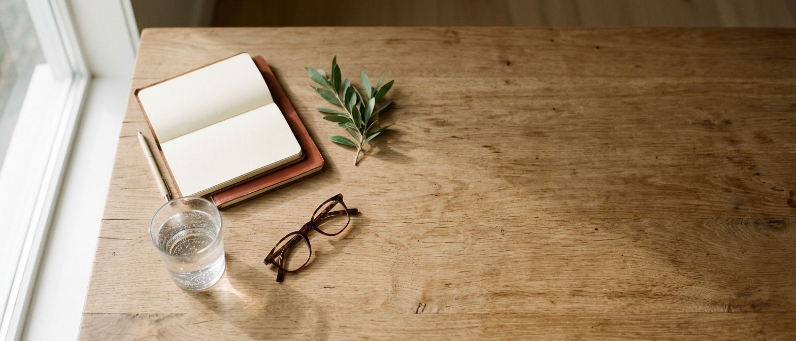 Mesa de madeira clara junto à janela com caderno aberto, caneta, copo de água e óculos de leitura